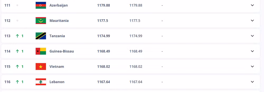 Đội tuyển Việt Nam đứng thứ 115 thế giới.