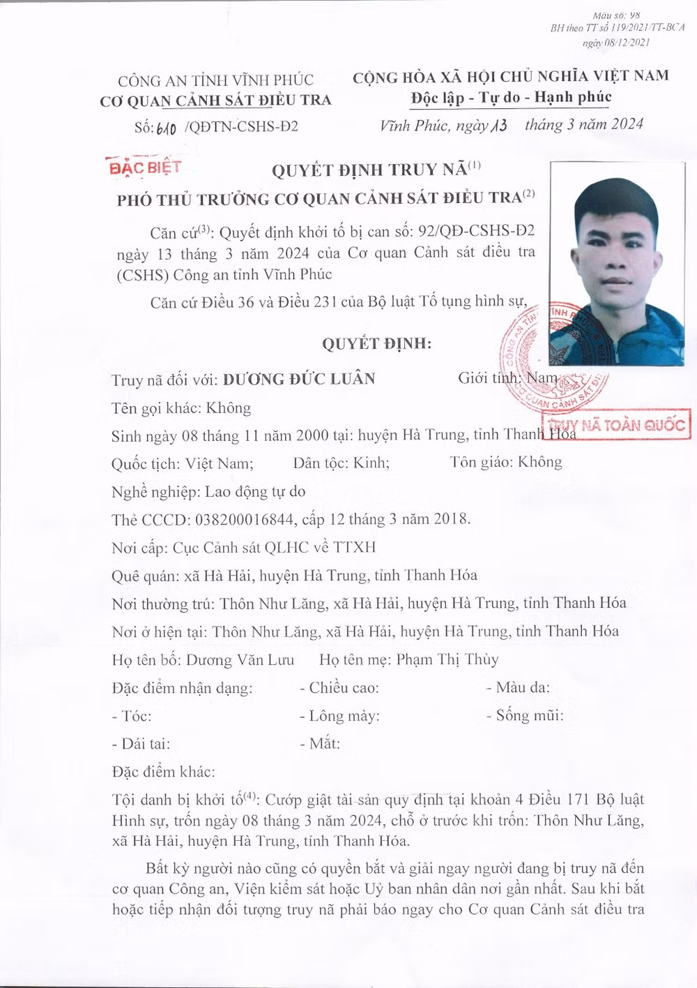 Lệnh truy nã đối tượng Dương Đức Luân.