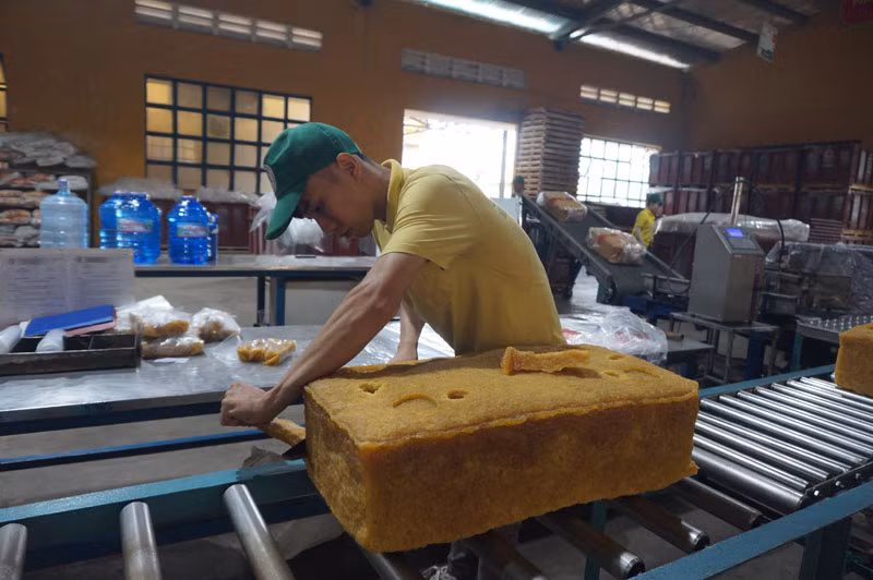 Công nhân chế biến mủ cao-su tại Nhà máy Chế biến Trung tâm Công ty Cao-su Phú Riềng tại xã Phú Riềng, huyện Phú Riềng, tỉnh Bình Phước.