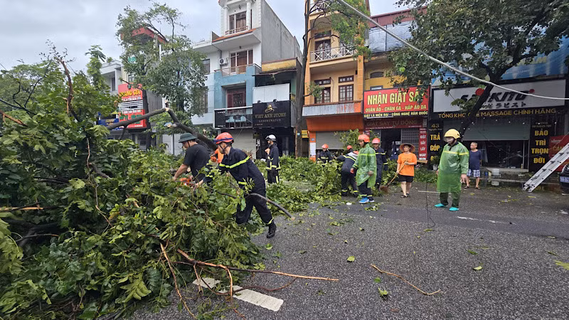 Lực lượng chức năng cùng người dân nhanh chóng cắt cây, tỉa cảnh bảo đảm giao thông.