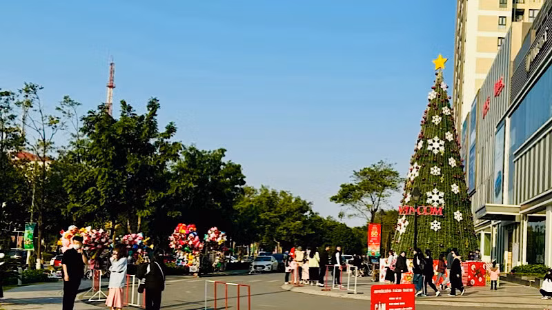 Khu vực tiểu cảnh trước trung tâm thương mại Vincom Plaza có đông các bạn trẻ đến chụp ảnh.