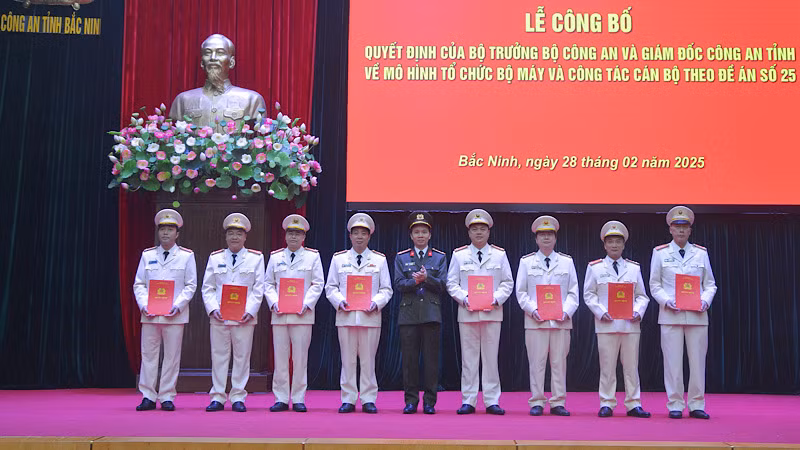 Đại tá Bùi Duy Hưng,Giám đốc Công an tỉnh trao Quyết định điều động 8 đồng chí Trưởng Công an các huyện, thị xã, thành phố đến nhận công tác và giữ chức vụ Trưởng các Phòng của Công an tỉnh.