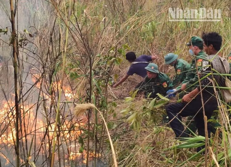 Lực lượng Bộ đội Biên phòng và người dân tham gia chữa cháy rừng tại núi bản Mạt, xã Mường Lèo, huyện biên giới Sốp Cộp, tỉnh Sơn La.