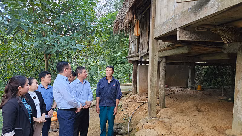 Cán bộ các cấp khảo sát, nắm bắt hiện trạng sạt lở, ảnh hưởng nhà ở của hộ dân bản Giá, xã Phú Xuân, huyện Quan Hóa.