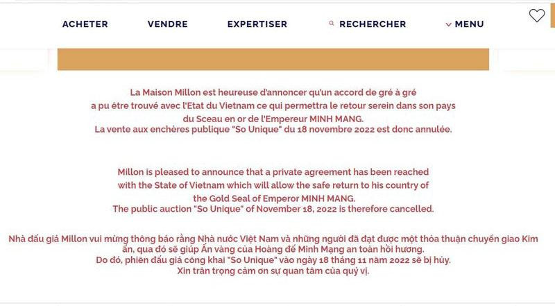Thông báo của Hãng Millon trên trang web.