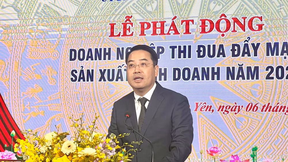 Chủ tịch Ủy ban nhân dân tỉnh Nguyễn Tuấn Anh phát động thi đua khối các doanh nghiệp tỉnh. (Ảnh: THANH SƠN)