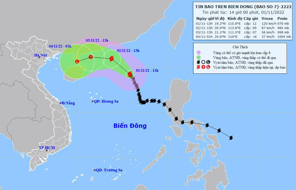 Vị trí và hướng di chuyển của bão số 7. (Nguồn: nchmf.gov.vn)