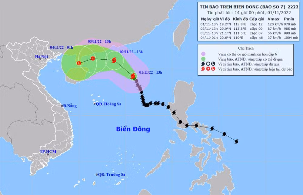 Vị trí và hướng di chuyển của bão số 7. (Nguồn: nchmf.gov.vn)
