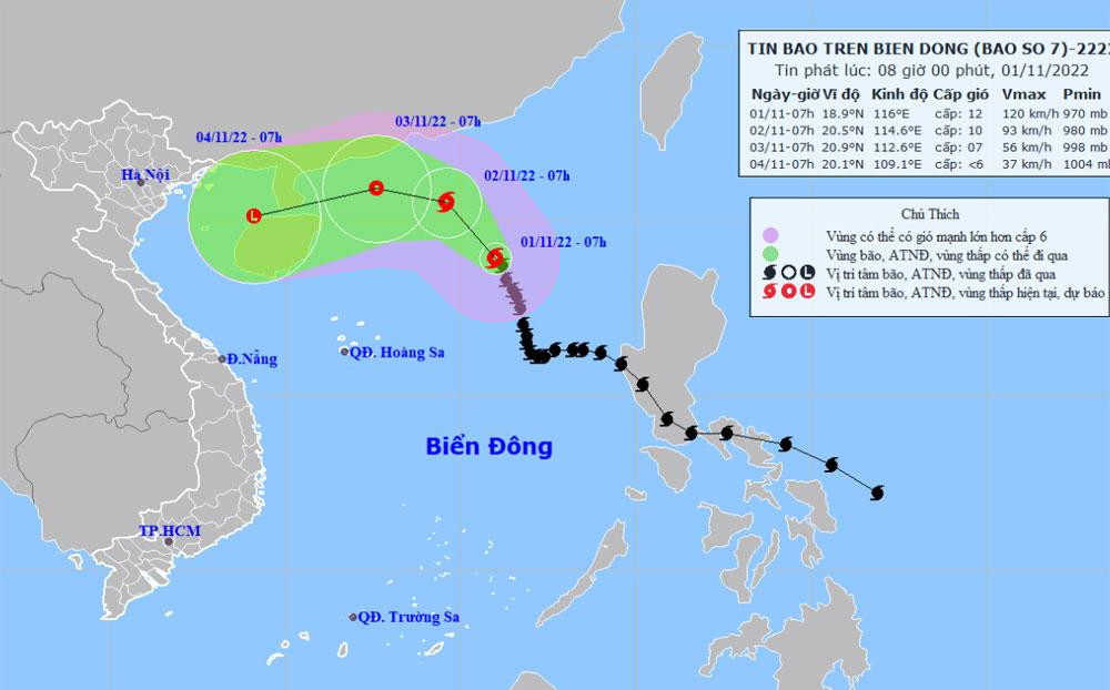 Vị trí và hướng di chuyển của bão số 7. (Nguồn: nchmf.gov.vn)