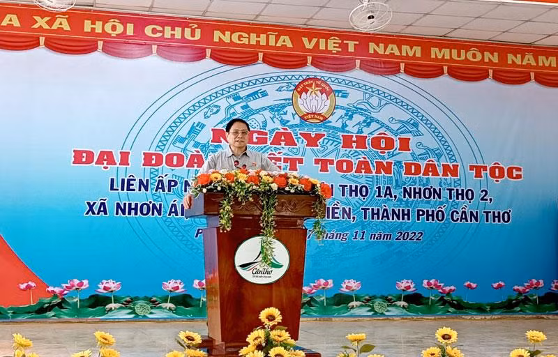 Thủ tướng Phạm Minh Chính phát biểu tại Ngày hội Đại đoàn kết toàn dân tộc, ở Cần Thơ.