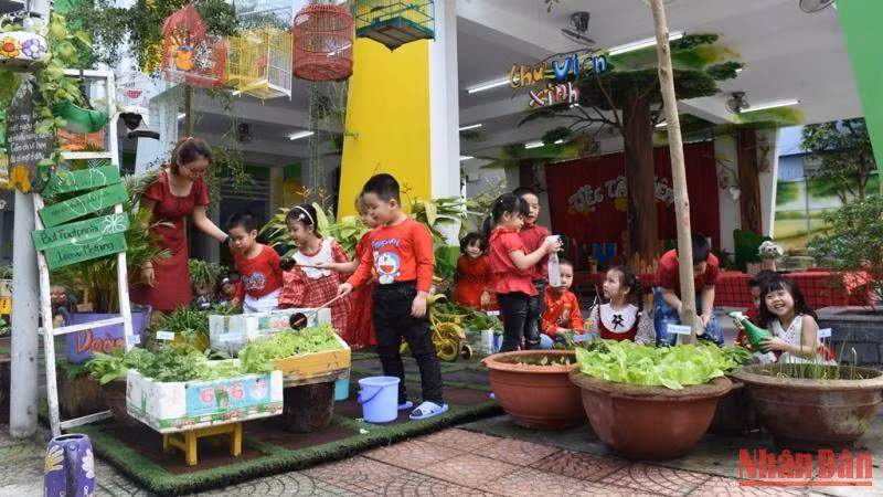 Học sinh trường mần non Bình Minh trong giờ học tìm hiểu về thiên nhiên, cây cỏ. (Ảnh: ANH ĐÀO)