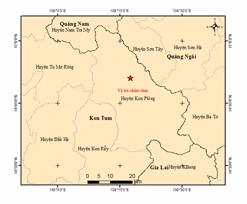 Bản đồ tâm chấn trận động đất thứ 4 trong sáng 31/3 tại huyện Kon Plông