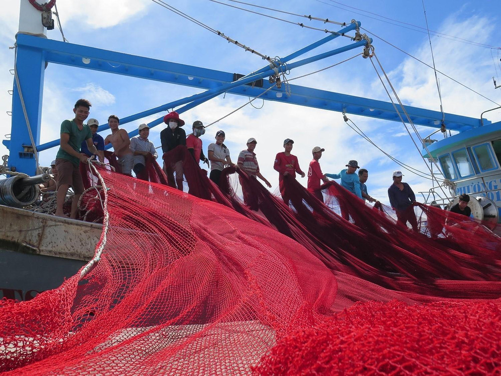Ngư dân đưa lưới lên tàu tại cảng cá Mỹ Tân (xã Thanh Hải, huyện Ninh Hải, Ninh Thuận), chuẩn bị cho chuyến ra khơi. Ảnh: Minh Hưng