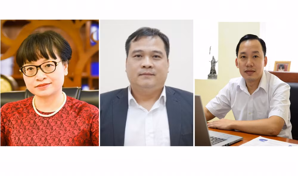 Từ trái qua phải ảnh: Hiệu trưởng Nguyễn Thị Quế Anh, Phó Hiệu trưởng Nguyễn Trọng Điệp, Phó Hiệu trưởng Trịnh Tiến Việt 