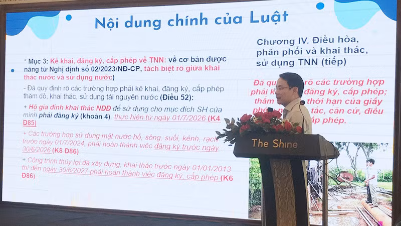 Đại diện Cục Quản lý tài nguyên nước (Bộ Tài nguyên và Môi trường) giới thiệu tổng quan về Luật Tài nguyên nước tại Hội nghị.