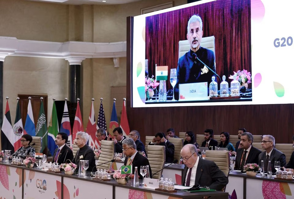 Bộ trưởng Ngoại giao Ấn Độ S. Jaishankar đọc diễn văn khai mạc tại Hội nghị bộ trưởng ngoại giao G20 tại New Delhi ngày 2/3/2023. (Ảnh: Reuters)