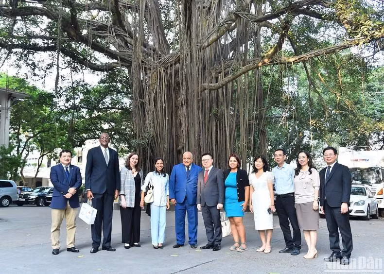 Tổng Biên tập Báo Nhân Dân Lê Quốc Minh và Phó Tổng Biên tập Báo Granma Arlin Alberty Loforte cùng cán bộ của hai cơ quan báo chí chụp ảnh lưu niệm bên gốc cây đa trong khuôn viên Báo Nhân Dân. (Ảnh: THỦY NGUYÊN)