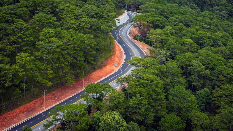 Đèo Prenn đi qua địa hình đồi núi, với những đường cong thấp thoáng dưới tán rừng thông.