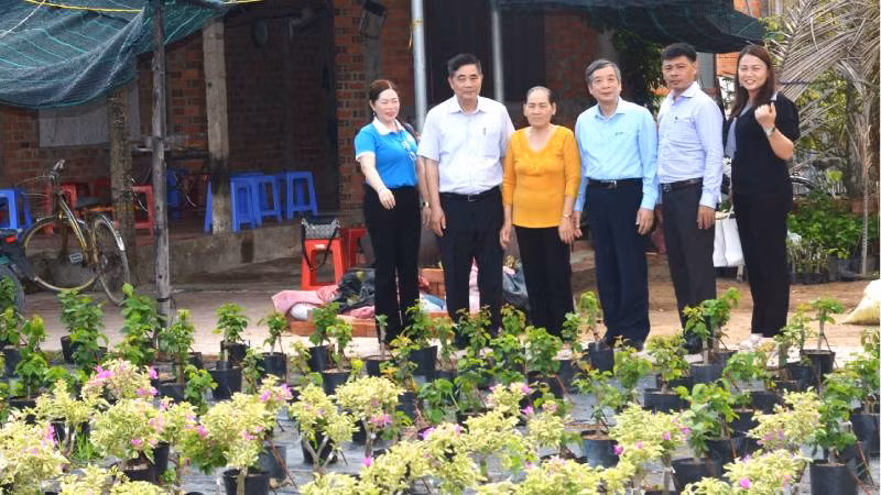 Đoàn công tác khảo sát mô hình cộng đồng phòng tránh thiên tại trên địa bàn huyện Mỏ Cày Bắc. (Ảnh: HOÀNG TRUNG)