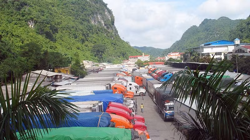 Xe chở nông sản chờ làm thủ tục thông quan qua Cửa khẩu Tân Thanh, Văn Lãng (Lạng Sơn).