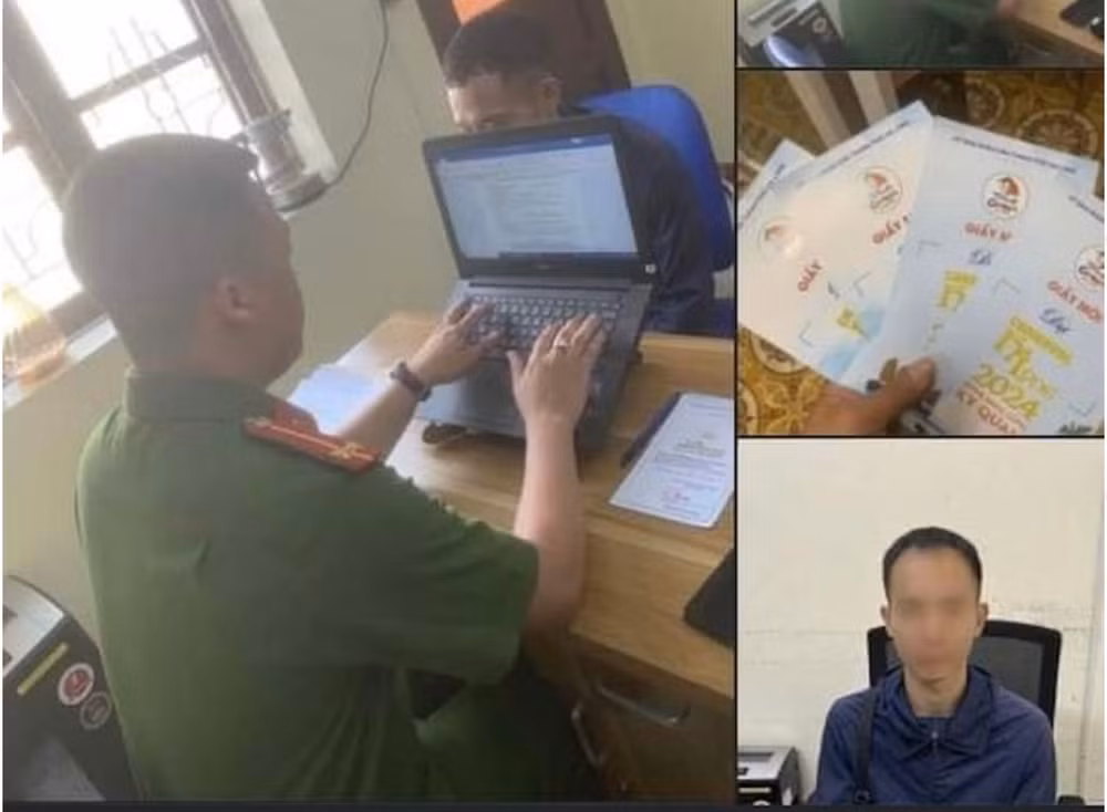 Công an thành phố Hạ Long làm việc với các đối tượng rao bán giấy mời và thẻ đại biểu dự Carnaval Hạ Long 2024. Ảnh: Công an cung cấp.