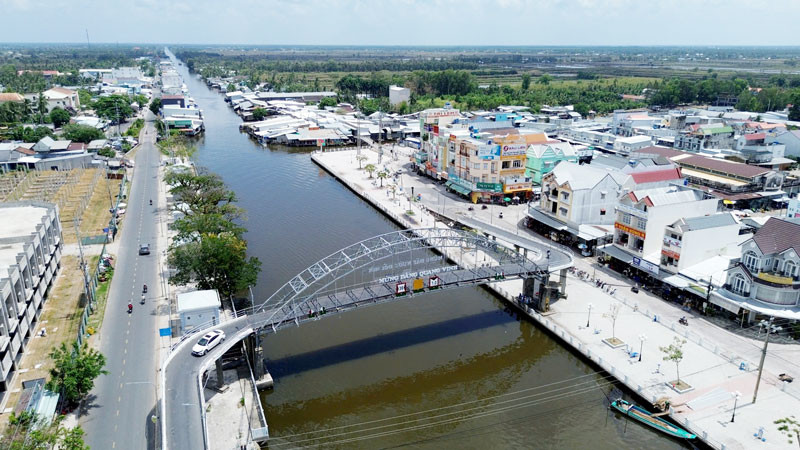 Một góc thị trấn Thứ Mười Một, huyện An Minh, nhìn từ trên cao. 