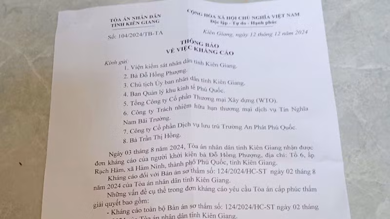 Tòa án nhân dân tỉnh Kiên Giang thông báo việc kháng cáo của bà Trần Thị Hồng.