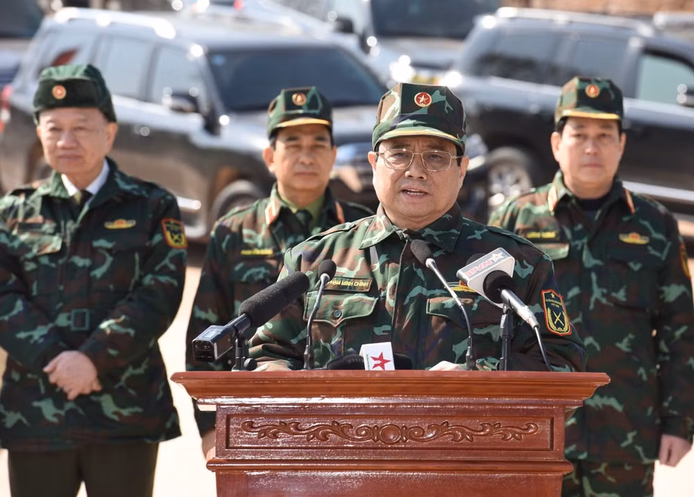 Thủ tướng Phạm Minh Chính phát biểu tại cuộc diễn tập. (Ảnh: TRẦN HẢI)