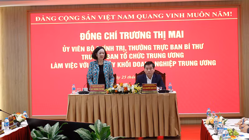 Đồng chí Trương Thị Mai phát biểu tại buổi làm việc. 