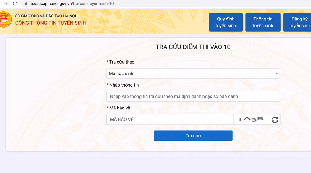Trang tra cứu điểm thi lớp 10 chính thức của Sở Giáo dục và Đào tạo Hà Nội.