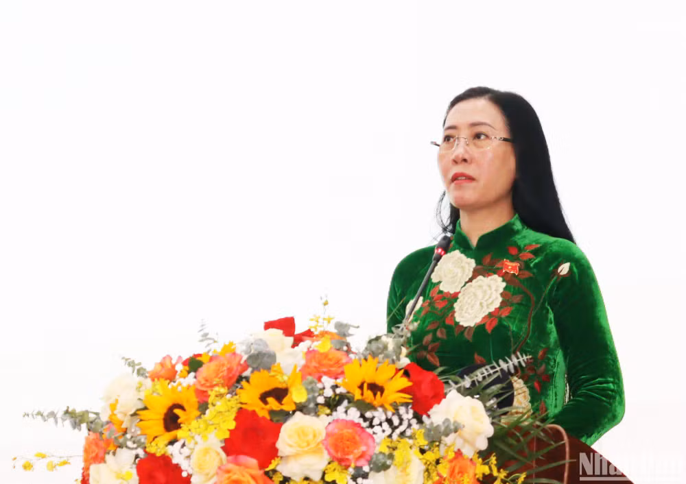 Đồng chí Bùi Thị Quỳnh Vân, Ủy viên Trung ương Đảng, Bí thư Tỉnh ủy, Chủ tịch Hội đồng nhân dân tỉnh Quảng Ngãi phát biểu tại kỳ họp.