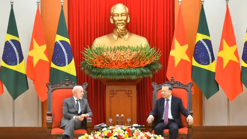 Tổng Bí thư Tô Lâm tiếp Tổng thống Cộng hòa Liên bang Brazil Luiz Inácio Lula da Silva. (Ảnh: ĐĂNG KHOA) 