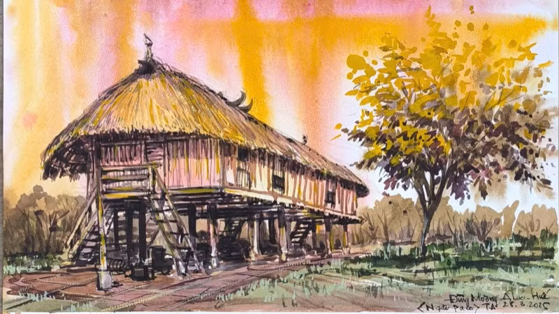 Tác phẩm "Nhà Moong (nhà sàn dài) của người Pa Cô" của tác giả Đinh Thế Anh.