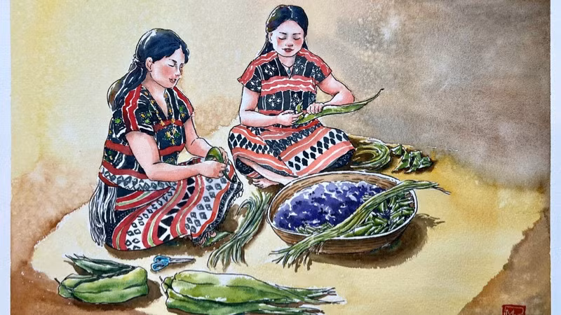 Tác phẩm "Phụ nữ Tà Ôi làm bánh Sừng trâu" của tác giả Nguyễn Quỳnh Trang.