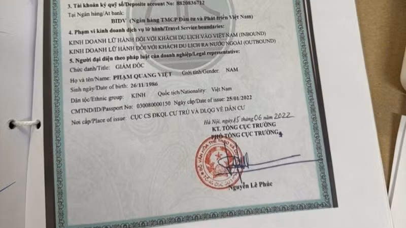 Đối tượng giả mạo số giấy phép lữ hành quốc tế.