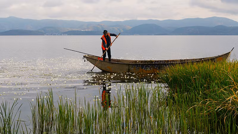 Công nhân môi trường thu dọn vệ sinh mặt hồ.