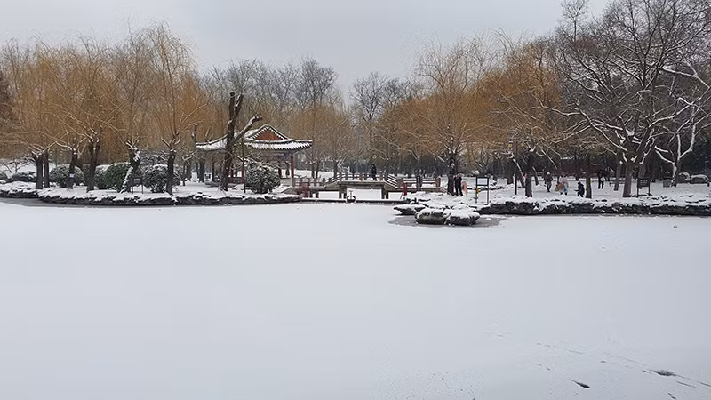 Mặt hồ trong công viên Nhật Đàn đóng băng với lớp tuyết phủ bên trên.