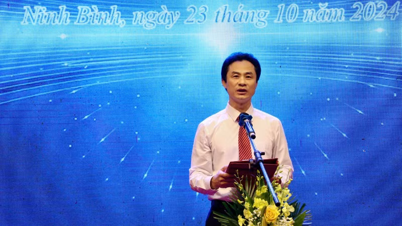 Giám đốc Sở Khoa học và Công nghệ kiêm Chủ tịch Liên hiệp các Hội Khoa học và Kỹ thuật, Phó Trưởng ban Thường trực Ban tổ chức Cuộc thi cấp tỉnh Ninh Bình Nguyễn Toàn Thắng phát biểu tại Lễ Tổng kết Cuộc thi.