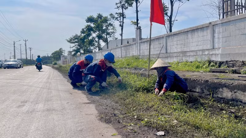 Các công nhân thực hiện cắt cỏ, chăm sóc dải cây xanh do đơn vị trồng.