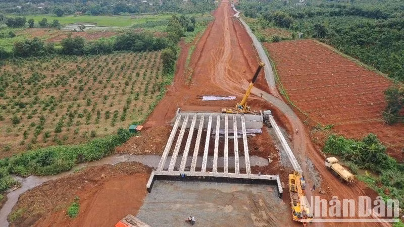 Lắp dầm cầu I33 cầu Ea Knuếc 3 bao gồm 11 phiến dầm với khối lượng kỹ thuật 1 phiến dầm là 60 tấn, được TNE&C vận chuyển từ bãi đúc đến vị trí và lắp đặt.