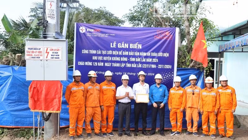 Lãnh đạo Công ty Điện lực Đắk Lắk tặng giấy khen cho Điện lực Krông Bông.