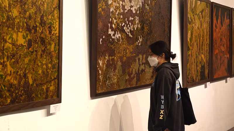 Khán giả xem tranh của họa sĩ Nguyễn Trường Linh tại triển lãm.