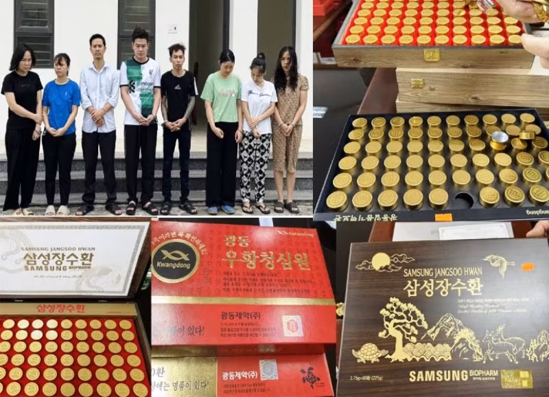 Các đối tượng cùng tang vật vụ án.