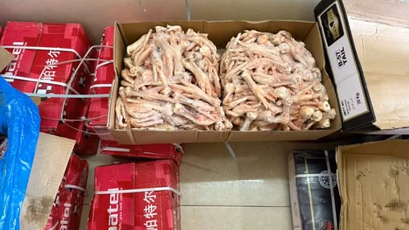 Các thùng giấy có chữ nước ngoài đựng chân gà đông lạnh bị lực lượng chức năng phát hiện. (Ảnh: Quản lý thị trường cung cấp)