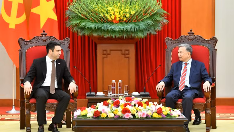 Tổng Bí thư Tô Lâm tiếp Chủ tịch Quốc hội Armenia Alen Simonyan. (Ảnh: Đăng Khoa)