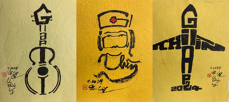 Thư pháp chữ Giáp Thìn hình đàn guitar, bác sĩ, máy bay.