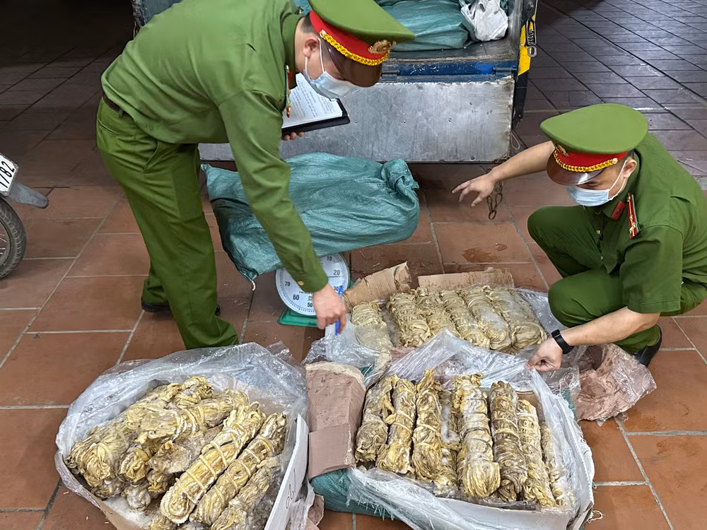 Lực lượng Công an thu giữ và xử lý 550kg lòng lợn bốc mùi hôi thối.