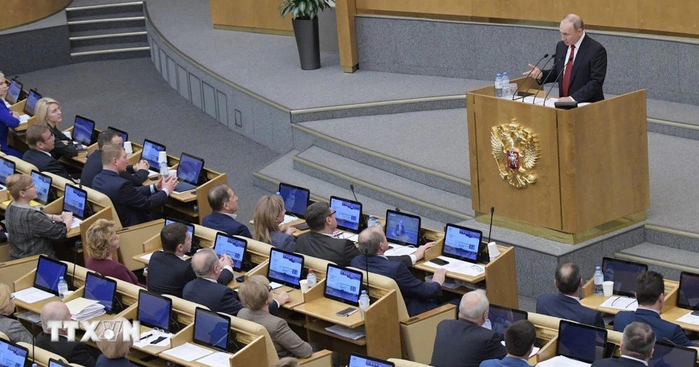 Tổng thống Nga Vladimir Putin phát biểu tại phiên họp Duma quốc gia Nga ở Moskva. (Ảnh minh họa. THX/TTXVN)
