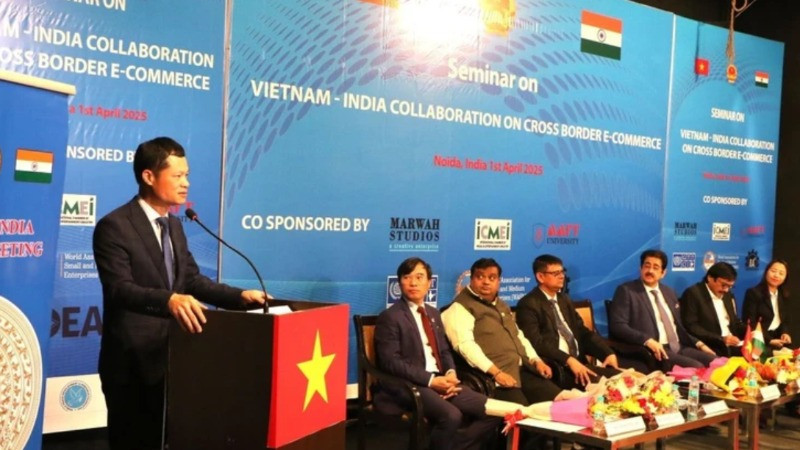 Ông Đỗ Quốc Hưng - Phó Vụ trưởng Vụ Phát triển thị trường nước ngoài, thuộc Bộ Công Thương, phát biểu khai mạc một hội thảo tại Ấn Độ. (Ảnh: TTXVN)