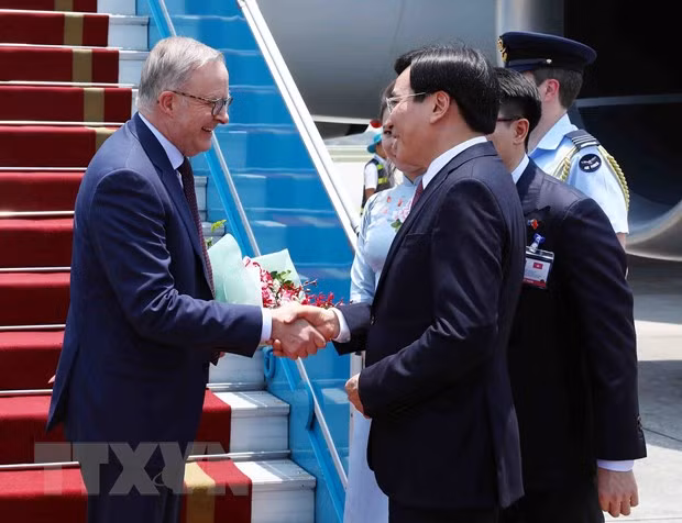 Bộ trưởng, Chủ nhiệm Văn phòng Chính phủ Trần Văn Sơn đón Thủ tướng Australia Anthony Albanese tại sân bay quốc tế Nội Bài.